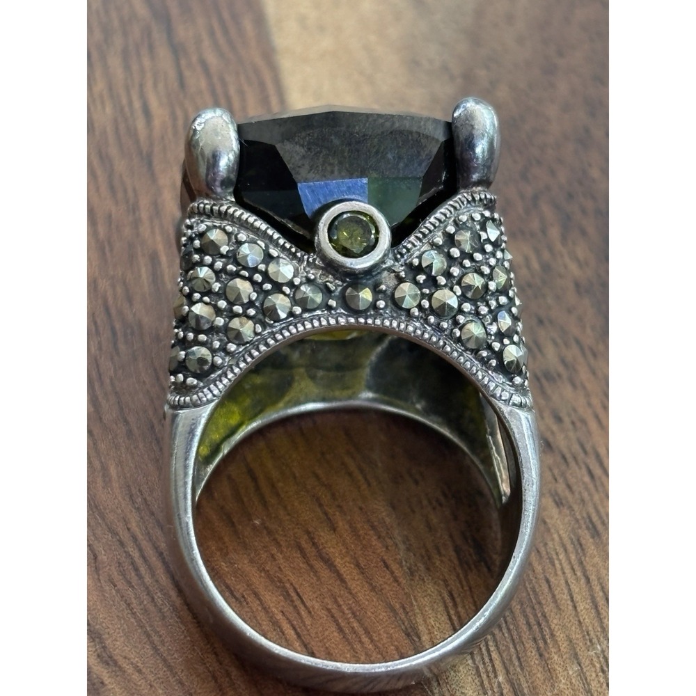 Sterling Silver Green Tourmaline And Marcasite Statement Ring Size 8